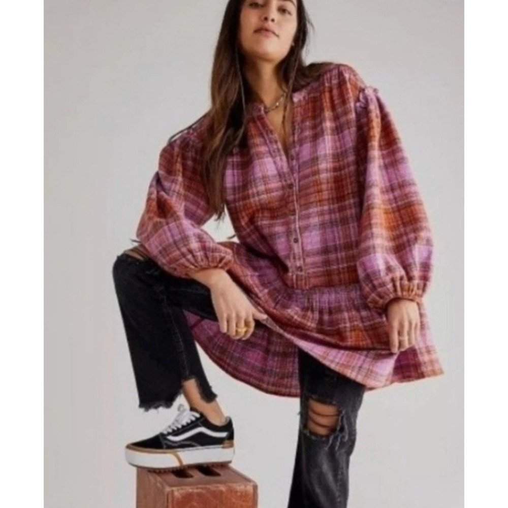 Free People Plaid Button Down Alexa Plaid Mini dress S 100% Cotton Boho Oversize
